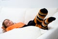 Halloween Pumpkin Socks Girl Sofa Royalty Free Stock Photo