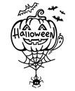 Halloween pumpkin with spider web and bats. Vector printable halloween symbol isolated on white background