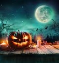 Halloween Pumpkin In A Spooky Forest At Night Royalty Free Stock Photo