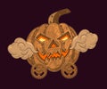 Halloween pumpkin in steampunk style with glowing eyes, scary grimace, gears Royalty Free Stock Photo