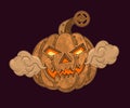 Halloween pumpkin in steampunk style with glowing eyes, scary grimace, steam Royalty Free Stock Photo