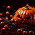 a halloween pumpkin surrounded by orange balls