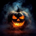 Halloween pumpkin surrounded by smoke and fire on a black background. Happy Halloween Royalty Free Stock Photo