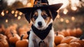 halloween pumpkin A sweet Halloween puppy wearing a witch hat,