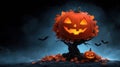 Halloween pumpkin tree with glowing faces surrounded by autumn leaves and bats Royalty Free Stock Photo