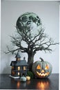 Halloween pumpkin tree moon house background white Royalty Free Stock Photo