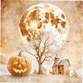 Halloween pumpkin tree moon house background white Royalty Free Stock Photo