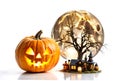 Halloween pumpkin tree moon house background white Royalty Free Stock Photo
