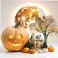 Halloween pumpkin tree moon house background white Royalty Free Stock Photo