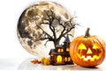 Halloween pumpkin tree moon house background white Royalty Free Stock Photo
