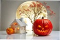Halloween pumpkin tree moon house background white Royalty Free Stock Photo
