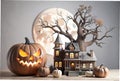 Halloween pumpkin tree moon house background white Royalty Free Stock Photo