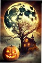 Halloween pumpkin tree moon house background white Royalty Free Stock Photo