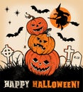 Halloween Pumpkin Trio and Witches Silhouette. Royalty Free Stock Photo