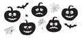 Halloween pumpkin vector icon, spider, cobweb and bat set, black silhouettes. Scary illustration Royalty Free Stock Photo