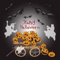 Halloween pumpkin in a wagon bats perfume vector illustration