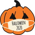 Halloween 2020 Pumpkin wearing a face mask. Halloween Coronavirus clipart. Hand drawn vector illustration. Use for cards