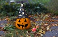 Halloween pumpkin in whitch hain in the garden