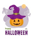 Halloween pumpkin with witch hat. Background with Castle, ghost, moon. Vector Royalty Free Stock Photo