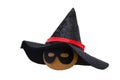 Halloween pumpkin in witch hat and black mask Royalty Free Stock Photo