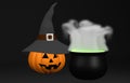 Halloween pumpkin with witch hat and cauldron with cooking potion 3D illustration