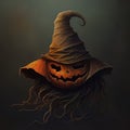 Halloween pumpkin with witch hat on dark background. 3d illustration