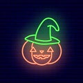 Halloween pumpkin with witch hat. Happy Halloween neon sign. Night bright signboard. Isolated vector stock illustration Royalty Free Stock Photo