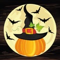 Halloween. Pumpkin in witch hat with the moon and bats. Vector o