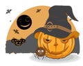 Halloween pumpkin in witch hat and spider