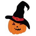 Halloween pumpkin with witch hat. Vector illustration