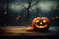 Halloween pumpkin on a wooden table in the dark forest. 3d render, One spooky halloween pumpkin, Jack O Lantern, with an evil face Royalty Free Stock Photo