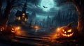 Halloween pumpkin on wooden table in front of spooky dark background jack o lantern Royalty Free Stock Photo