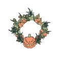 Halloween pumpkin wreath with green leaf