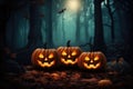Halloween Pumpkins Arranged On Wood In Forest At Night, Creating Eerie Scene Royalty Free Stock Photo