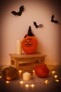 Halloween pumpkins, bats, candles and the lanterns