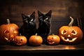 Halloween pumpkins and black cats art. Thanksgiving celebration Royalty Free Stock Photo