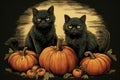 Halloween pumpkins and black cats art. Thanksgiving celebration Royalty Free Stock Photo