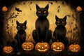 Halloween pumpkins and black cats art. Thanksgiving celebration Royalty Free Stock Photo