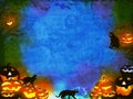 Halloween pumpkins and black cats - blue orange texture