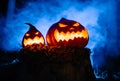 Halloween pumpkins in blue smoke or fog on a rotten tree with moss.