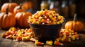 Candy Corn in a Bowl surrounded by Halloween Pumpkins On A Table. Generative AI