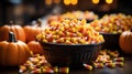 Bowls of Candy Corn On A Table Surrounded by Halloween Pumpkins. Generative AI