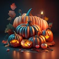 Halloween pumpkins with burning candles and autumn leaves, vector illustration generative AI Royalty Free Stock Photo