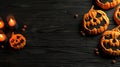 Halloween Pumpkins and Candles on a Black Wooden Table Royalty Free Stock Photo