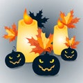Halloween pumpkins and candles with maple leaves on grey background - vector Illustration