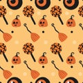 Halloween pumpkins, candy, and broomstick pattern, Vector Royalty Free Stock Photo