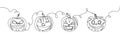 Halloween pumpkins with carved face one line art. Continuous line drawing of halloween theme, horrible, harvest, autumn