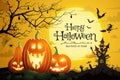 Halloween pumpkins and Castle spooky in night of full moon and bats flying Royalty Free Stock Photo