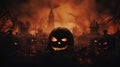 Halloween pumpkins at the cemetery in horror scary night. Generative Ai