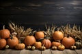 Halloween pumpkins and corn on wooden background with free space for text Royalty Free Stock Photo